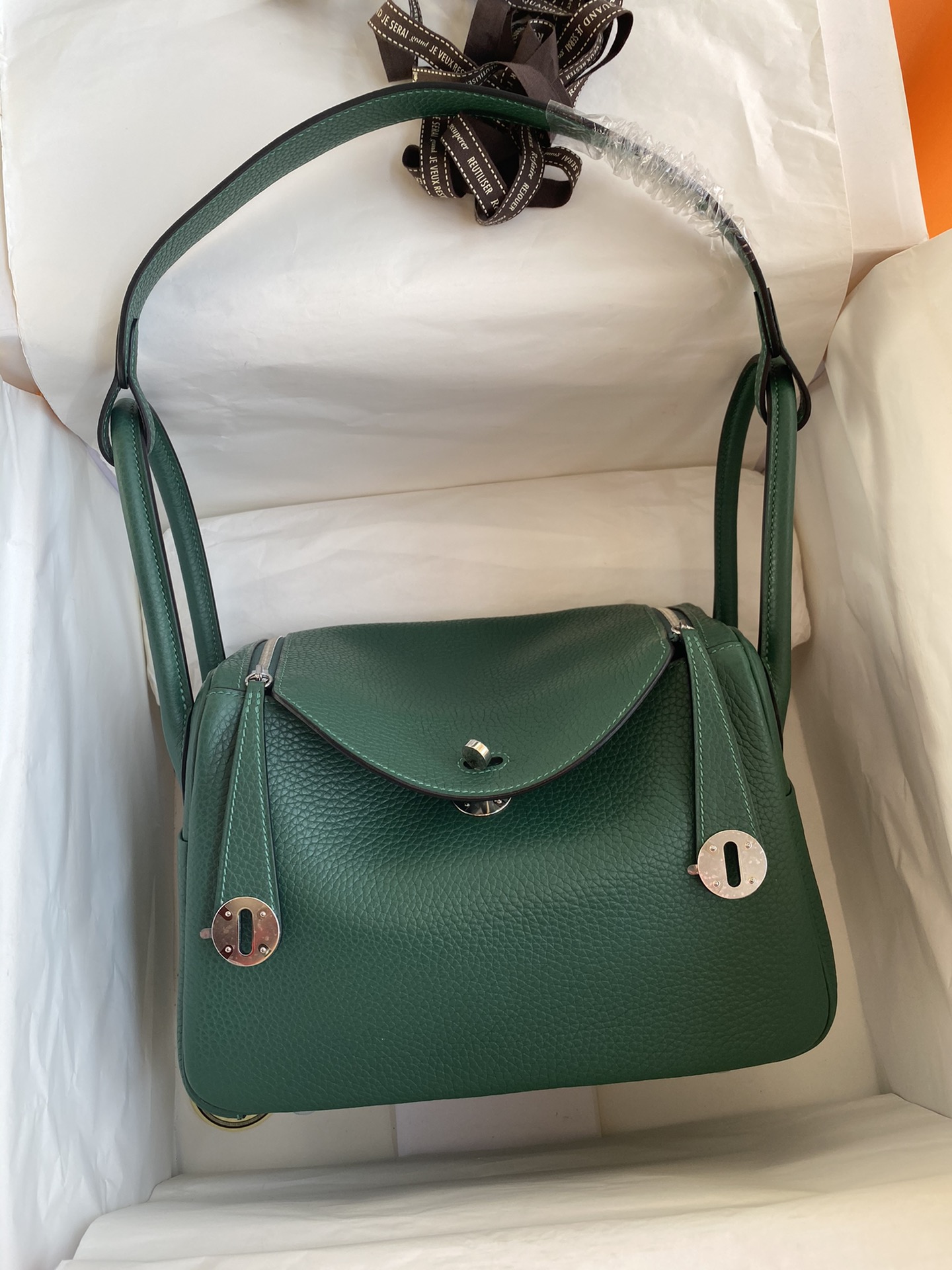 Hermes Lindy 30cm Handbag Shoulder Bag In Dark Green Clemence Leather